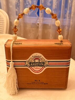 Ashton Cabinet Wooden Box Purse with Beaded Handle.  (Cigar purse)